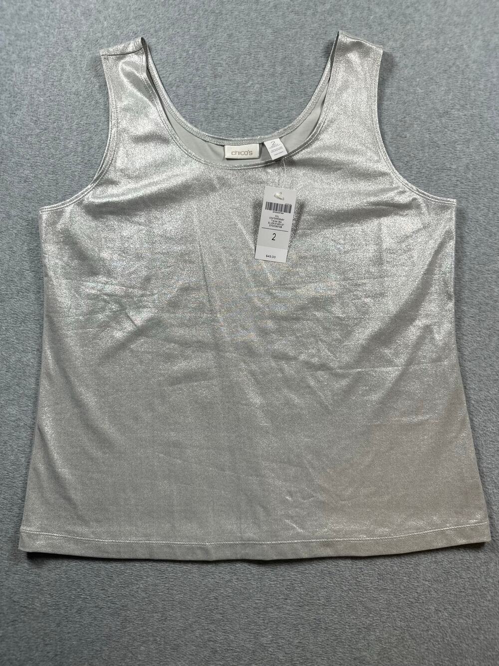 Chico's Tank Top Women's Size 2 Silver Shimmer Foil Sleeveless Round Neck